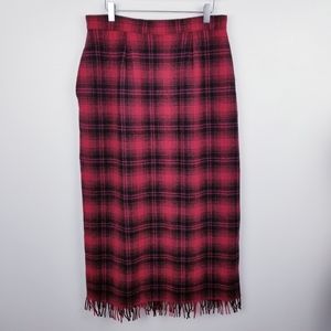 Woolrich Red Black Plaid Wool Blend Fringe Maxi Skirt Vintage